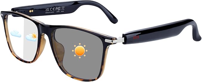 Smart Bluetooth Glasses for Men & Women, Voice Assistant & IPX5 Waterproof, Photochromic Smart Glasses with Speakers, Hand-Free Call & Music, Bluetooth Sunglasses for Travel, Working & Driving(Brown)