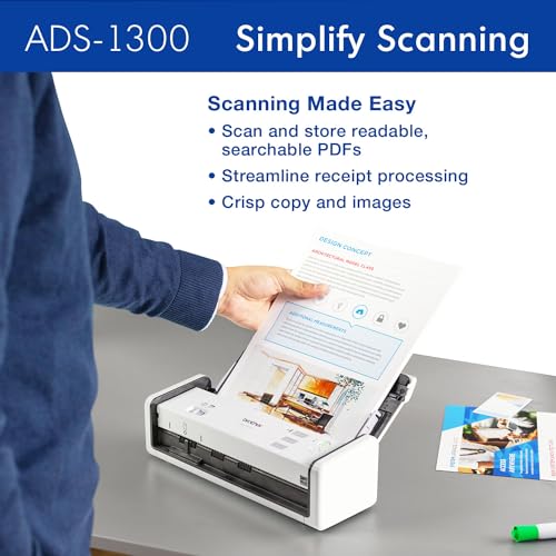 Brother ADS-1300 Compact Desktop Scanner | Scan Speeds of Up to 30ppm | Single Pass Double-Sided Scanning