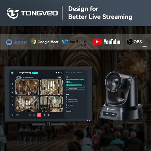 TONGVEO Wireless AI PTZ Camera with Auto-Tracking: Built-in 5.8GHz Receiver for Cable-Free Setup, 1080P 60fps 3X Zoom Conference Camera for Church Services, Online Classes & Hybrid Meetings