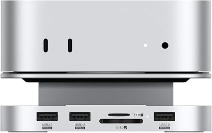 Qwiizlab Aluminum Stand Hub with SSD Enclosure, Docking Station for Mac mini M4/M4 Pro, 2 USB-A 10Gbps, TF/SD 4.0 Card Readers 312MB/s, USB-A 2.0, Fits M.2 NVMe SSD up to 8TB (Silver)