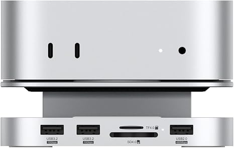 Qwiizlab Aluminum Stand Hub with SSD Enclosure, Docking Station for Mac mini M4/M4 Pro, 2 USB-A 10Gbps, TF/SD 4.0 Card Readers 312MB/s, USB-A 2.0, Fits M.2 NVMe SSD up to 8TB (Silver)