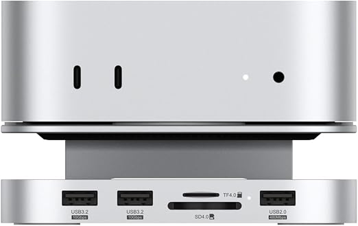 Qwiizlab Aluminum Stand Hub with SSD Enclosure, Docking Station for Mac mini M4/M4 Pro, 2 USB-A 10Gbps, TF/SD 4.0 Card Readers 312MB/s, USB-A 2.0, Fits M.2 NVMe SSD up to 8TB (Silver)