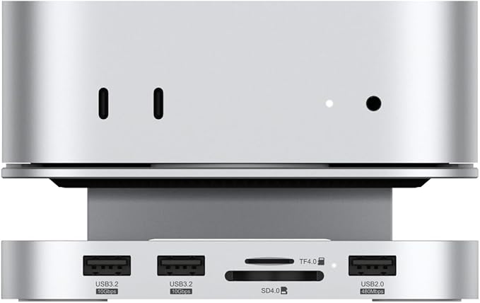 Qwiizlab Aluminum Stand Hub with SSD Enclosure, Docking Station for Mac mini M4/M4 Pro, 2 USB-A 10Gbps, TF/SD 4.0 Card Readers 312MB/s, USB-A 2.0, Fits M.2 NVMe SSD up to 8TB (Silver)