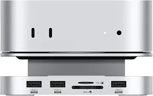 Qwiizlab Aluminum Stand Hub with SSD Enclosure, Docking Station for Mac mini M4/M4 Pro, 2 USB-A 10Gbps, TF/SD 4.0 Card Readers 312MB/s, USB-A 2.0, Fits M.2 NVMe SSD up to 8TB (Silver)