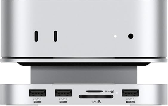 Qwiizlab Aluminum Stand Hub with SSD Enclosure, Docking Station for Mac mini M4/M4 Pro, 2 USB-A 10Gbps, TF/SD 4.0 Card Readers 312MB/s, USB-A 2.0, Fits M.2 NVMe SSD up to 8TB (Silver)