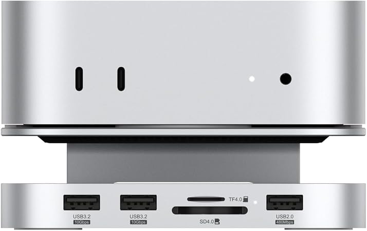 Qwiizlab Aluminum Stand Hub with SSD Enclosure, Docking Station for Mac mini M4/M4 Pro, 2 USB-A 10Gbps, TF/SD 4.0 Card Readers 312MB/s, USB-A 2.0, Fits M.2 NVMe SSD up to 8TB (Silver)