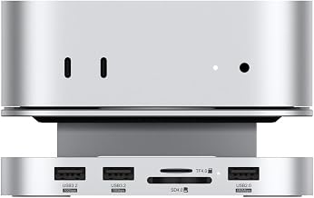 Qwiizlab Aluminum Stand Hub with SSD Enclosure, Docking Station for Mac mini M4/M4 Pro, 2 USB-A 10Gbps, TF/SD 4.0 Card Readers 312MB/s, USB-A 2.0, Fits M.2 NVMe SSD up to 8TB (Silver) - Image 1