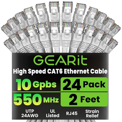 GEARit Cat6 Patch Cables Cat 6 Ethernet Cable 2 ft 24-Pack White