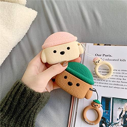Earphone Case Compatible with AirPods Pro/Pro 2, Super Cute Creative Pet Hat Teddy Dog Earbud Case, Puppy Style Soft Silicone Earphone Protection Skin +Ring Hook -Pink