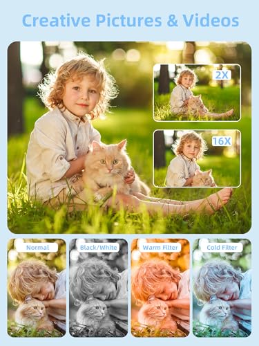 Digital Camera 1080P with 32G Card 16X Zoom & Flash Compact for Kid, White