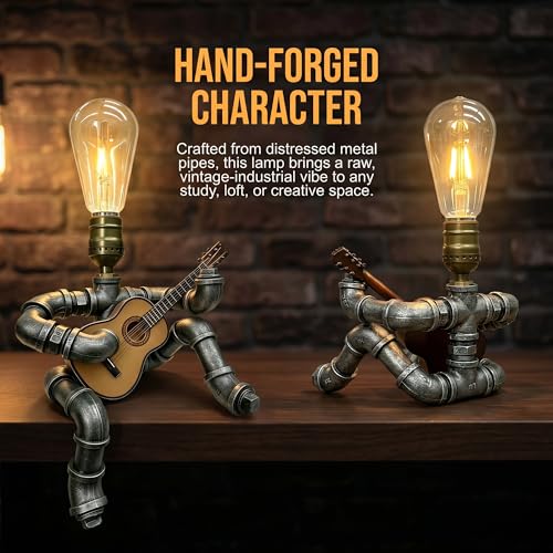 Steampunk Guitar Pipe Robot Table Lamp, Adjustable Industrial Water Pipe Desk Lamp with Wooden Guitar & Edison Bulb,Music Lovers, Bedside, Bar Cafe - Cool Unique Gifts