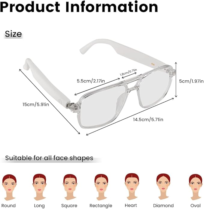 Smart Glasses for Women Men, Anti-Blue Light UV Protection, Voice Control Smart Glasses with Built-in Mic & Speakers, Smart Audio Eyewear for Gaming Meeting (White Frame)