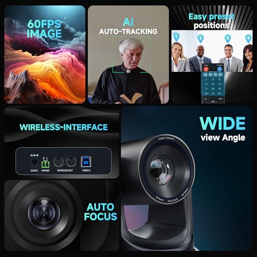TONGVEO Wireless AI PTZ Camera with Auto-Tracking: Built-in 5.8GHz Receiver for Cable-Free Setup, 1080P 60fps 3X Zoom Conference Camera for Church Services, Online Classes & Hybrid Meetings