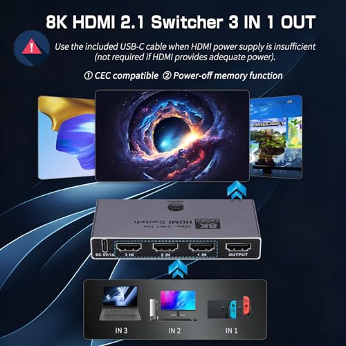 8K@60Hz HDMI 2.1 Switch 3 in 1 Out, HDMI Switcher with Remote, CEC, VRR