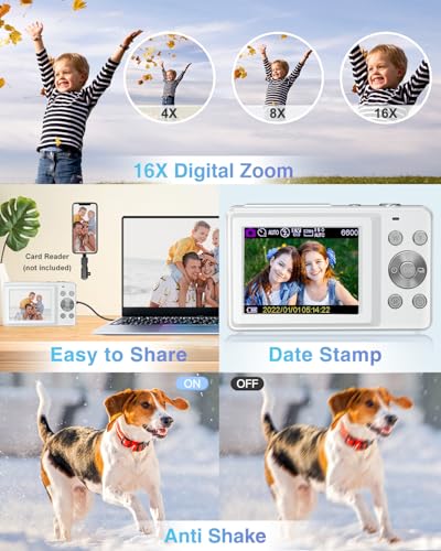 Digital Camera FHD 1080P Point and Shoot Camera with 32GB Card, Pearl White