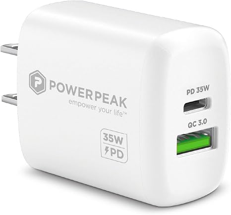 35W Super Fast Charger, Dual Port Charger, 1 USB-C and 1 USB-A Ports, Fast and Convenient Charging, Type C and Type A | White