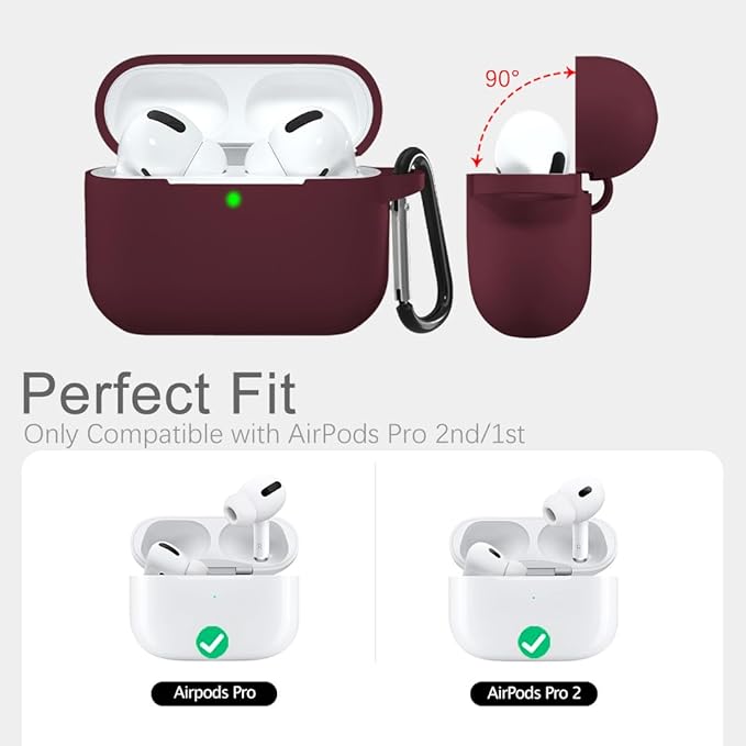 Lerobo Compatible with AirPods Pro Case Cover,Full Protective Shockproof Washable Silicone Case for Airpods Pro 2 Supports Wireless Charging with Carabiner Front LED Visible,Burgundy