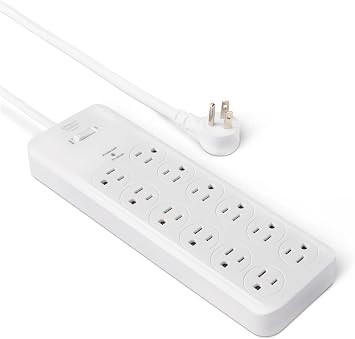 Amazon Basics 12-Outlet Surge Protector Power Strip, 4000 Joules, 8ft Extension Cord, Rectangle, for Home, Office, Gaming Room, White