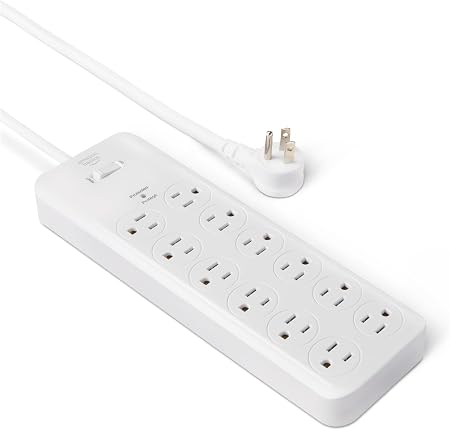 Amazon Basics 12-Outlet Surge Protector Power Strip, 4000 Joules, 8ft Extension Cord, Rectangle, for Home, Office, Gaming Room, White