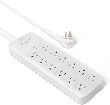 Amazon Basics 12-Outlet Surge Protector Power Strip, 4000 Joules, 8ft Extension Cord, Rectangle, for Home, Office, Gaming Room, White