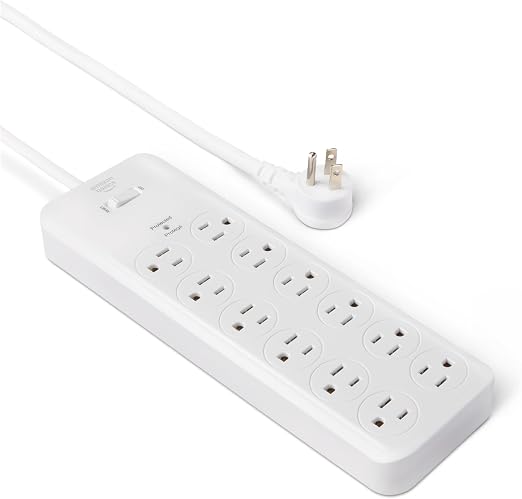 Amazon Basics 12-Outlet Surge Protector Power Strip, 4000 Joules, 8ft Extension Cord, Rectangle, for Home, Office, Gaming Room, White