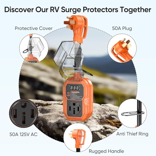 RV Surge Protector 50 Amp with Smart LED Display, 18000J RV Circuit Analyzer Waterproof with High/Low Voltage Protection, RV Adapter Plug for Camper with Voltage Monitoring, Clear Error Codes