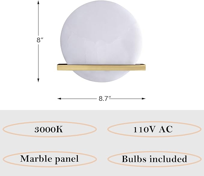 2 Pack 1 Light 8" Round Natural Alabaster Bathroom Wall Sconce Modern Concise Style Wall Light Fixture, Gold Finish for Bedroom Hallway Bedside Living Room