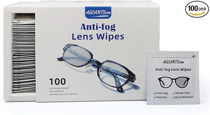 Anti Fog Wipes for Glasses(100-pack), Individually Wrapped, Pre-Moistened, Quick-Dry, Streak-Free Anti Fog Lens Wipes for Eyeglass, Goggles, Phone, Camera Lens,Laptop Screens