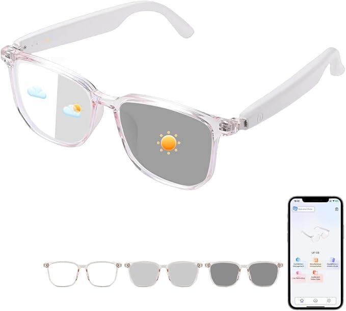 AI Smart Glasses, Bluetooth AI Translation Glasses for Men Women, Smart Audio Sunglasses with AI Translation (160+Languages), Photochromic Lenses, Music Blue Light Glasses for Travel Business-Pink