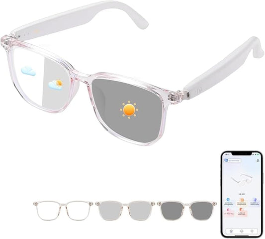 AI Smart Glasses, Bluetooth AI Translation Glasses for Men Women, Smart Audio Sunglasses with AI Translation (160+Languages), Photochromic Lenses, Music Blue Light Glasses for Travel Business-Pink