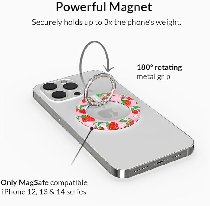 VELVET CAVIAR Compatible with MagSafe Phone Grip - Magnetic Ring Holder with Adjustable Stand - Removable MagSafe Accessories for iPhone 16, 15, 14, 13, 12 (Strawberry)