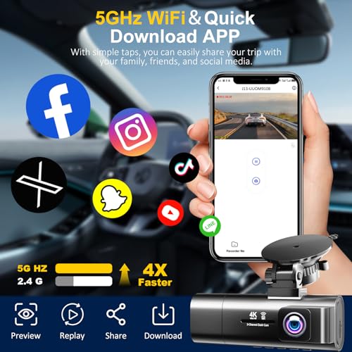 4K Dash Cam Front and Rear Inside,3.16" IPS,3 Channel Dash Cam for Car with 5G WiFi,Free 64GB Card,170° Wide Angle,Loop Recording,G-Sensor,WDR,Night Vision,Time-Lapse,24H Parking Monitor