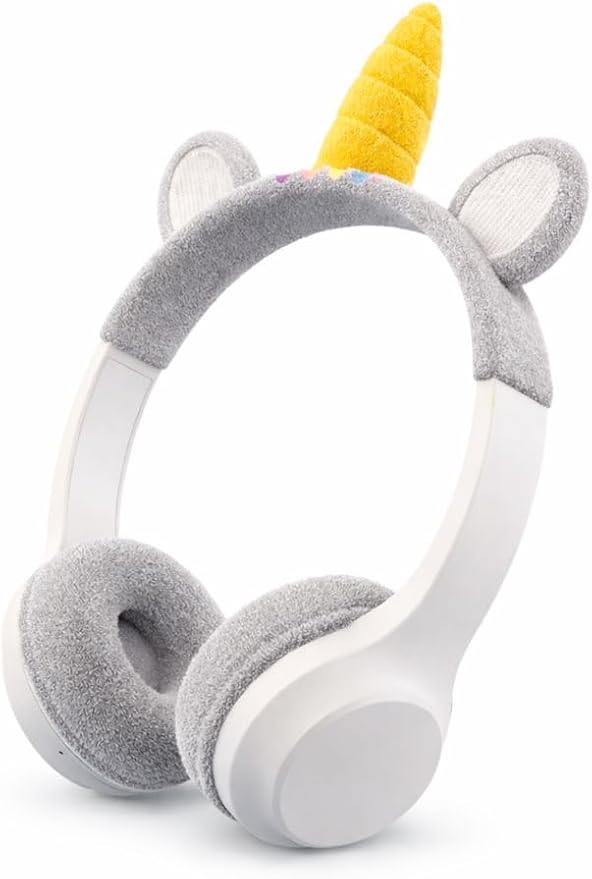 Kids Wireless Bluetooth Headphones Unicorn – Over-Ear Headset for Children, 85dB Volume Limit, Soft Earmuffs, Adjustable Headband, White & Gray