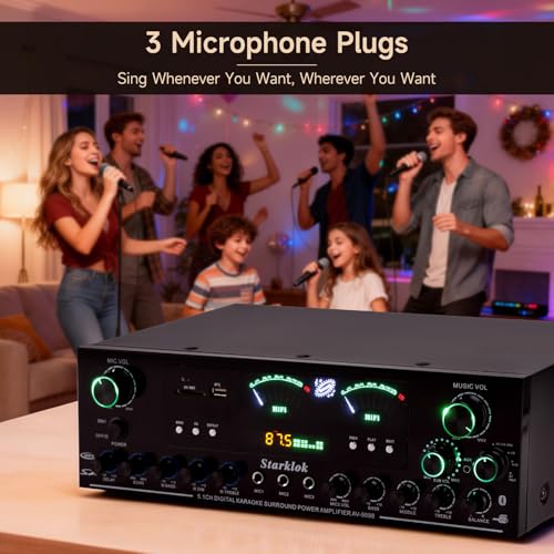 3000W Peak 5.1-Channel Home Audio Power Amplifier – HiFi Stereo Amplifier with Subwoofer, 3 Microphone Inputs, USB/SD Card Reader, Remote Control for Karaoke & Home Theater