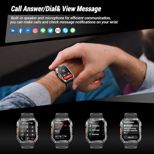 Military Smart Watch for Men (Answer/Make Calls), 2.01'' Smart Watch for Android and iPhone, Fitness Tracker with Flashlight/Compass/100 Days Battery/Heart Rate/Sleep/100+ Sport Modes(2 Straps)