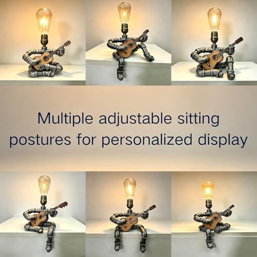 Steampunk Guitar Pipe Robot Table Lamp, Adjustable Industrial Water Pipe Desk Lamp with Wooden Guitar & Edison Bulb,Music Lovers, Bedside, Bar Cafe - Cool Unique Gifts