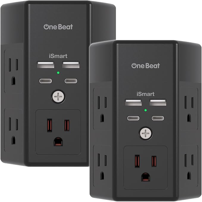 2 Pack Multi Plug Outlet, Surge Protector, 5 Outlet Extender with 4 USB Charging Ports (2 USB C), USB Wall Charger, 3-Sided 1800J Power Strip Outlets Splitter Wall Plug Adapter Spaced for Home,Black