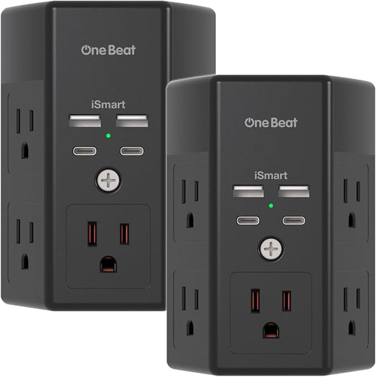 2 Pack Multi Plug Outlet, Surge Protector, 5 Outlet Extender with 4 USB Charging Ports (2 USB C), USB Wall Charger, 3-Sided 1800J Power Strip Outlets Splitter Wall Plug Adapter Spaced for Home,Black