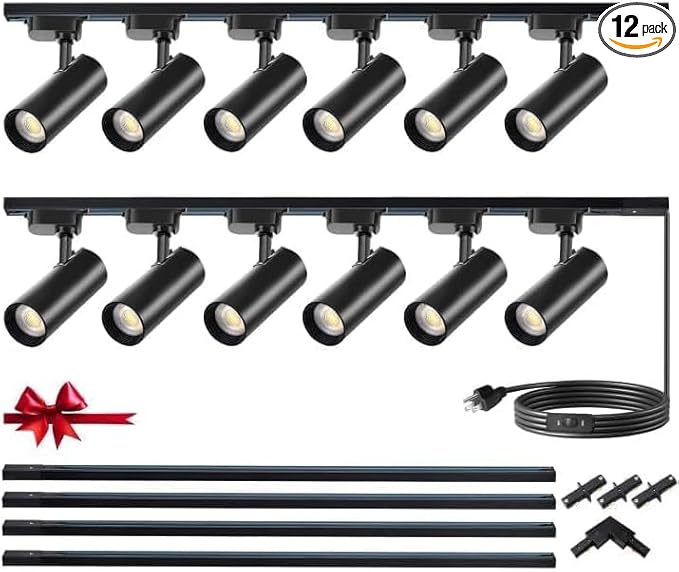 Black Super Brightness 25W 2000lm H Type Black LED Track Lighting Kit System, 4000K Natural Light Dimmable, with 13FT Track Rails, Ceiling Spotlight Fixture with Installation Package