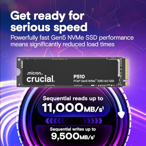 Crucial P510 PCIe Gen5 NVMe 2TB SSD, Up to 10,000MB/s, TLC NAND, Laptop & Desktop (PC) Compatible, for Gamers & Creatives, Solid State Drive – CT2000P510SSD8-01