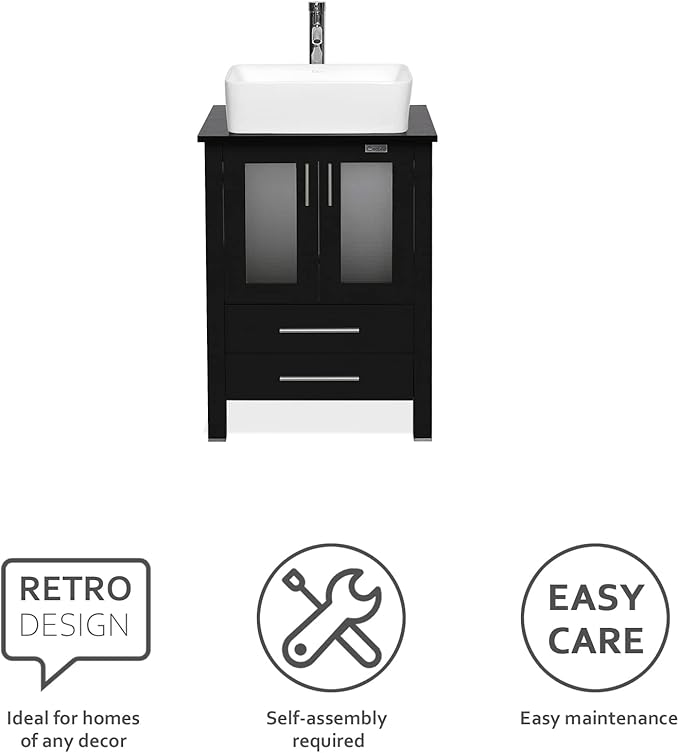 eclife 24" Modern Bathroom Vanity Sink Combo Freestanding Cabinet with Soft Closing Door, White Rectangle Ceramic Vessel Sink, Water Save Faucet, Drain (Black+T03)