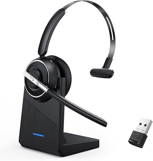 Bluetooth Headset, Wireless Headset with Microphone for PC, V5.2 Computer Headset with Noise Cancelling Mic, USB Dongle, Charging Base & Mute Button for Work, Cell Phones, Computer (Black)