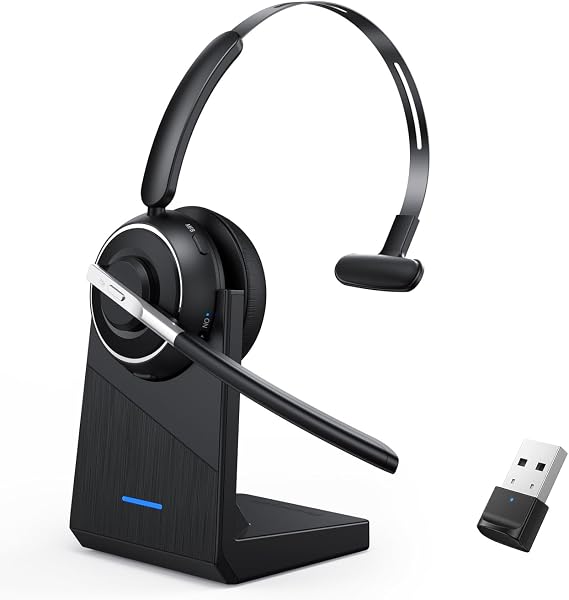 Bluetooth Headset, Wireless Headset with Microphone for PC, V5.2 Computer Headset with Noise Cancelling Mic, USB Dongle, Charging Base & Mute Button for Work, Cell Phones, Computer (Black)