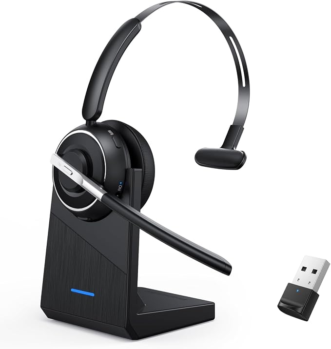 Bluetooth Headset, Wireless Headset with Microphone for PC, V5.2 Computer Headset with Noise Cancelling Mic, USB Dongle, Charging Base & Mute Button for Work, Cell Phones, Computer (Black)