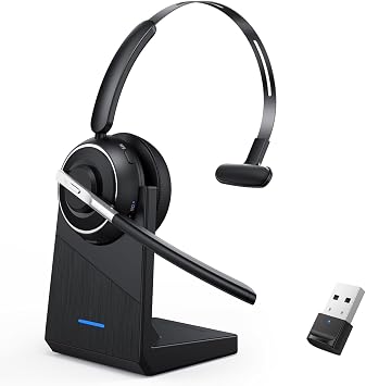 Bluetooth Headset, Wireless Headset with Microphone for PC, V5.2 Computer Headset with Noise Cancelling Mic, USB Dongle, Charging Base & Mute Button for Work, Cell Phones, Computer (Black)