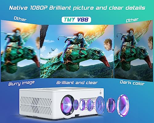 TMY Native 1080P Projector with WiFi and Bluetooth, with 80in Screen
