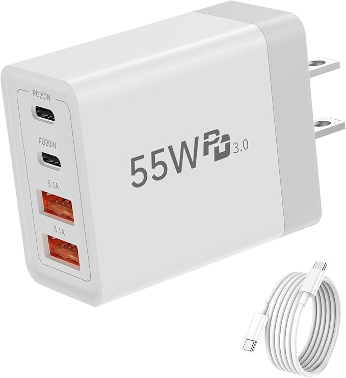USB C Wall Charger, 55W 4-Port Fast USB C Charger Block, Dual Port QC 3.1A + PD 20W Power Adapter Multiport Type C Charging Block Cable for iPhone 17 16 15 14 13 12 11 Pro Max XR XS 8, Samsung,Tablets