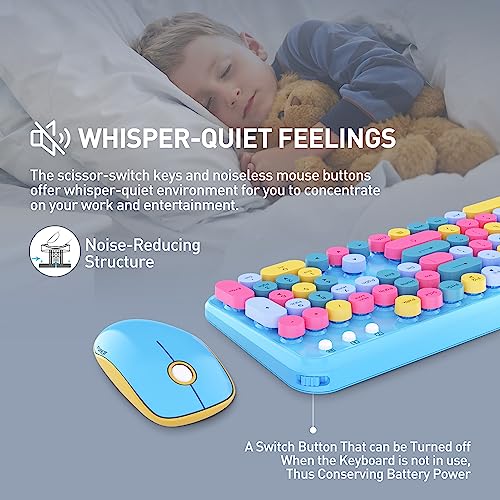 FOPETT 2.4GHz Wireless Keyboard and Mouse Set with Switch Button - Full-Size Keyboard - Compatible for Windows/Laptop/PC/Notebook/Smart TV and More - Blue Colorful