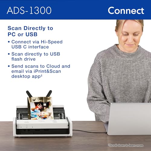 Brother ADS-1300 Compact Desktop Scanner | Scan Speeds of Up to 30ppm | Single Pass Double-Sided Scanning