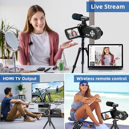 Video Camera Camcorder 4K UHD 48MP Vlogging Camera for YouTube, Dual Lens Digital Camera Recorder with Wireless Mic, 18X Digital Zoom, 120° Wide-Angle, 3.0" IPS Screen 270° Rotation,2 Batteries